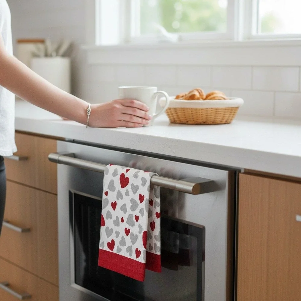 La Patisserie Kitchen Towel Set Unisex 18x28 White Good Heart Print Cotton